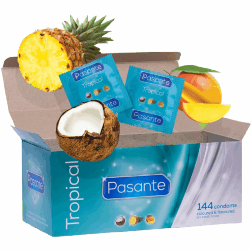 PASANTE – PRESERVATIVOS SABORES TROPICAL 144 UNIDADES - intimamenities.com