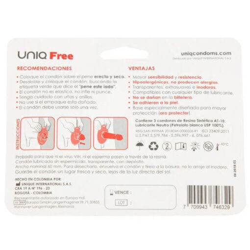 UNIQ – FREE PRESERVATIVOS CON ARO PROTECTOR SIN LATEX 3 UNIDADES - intimamenities.com