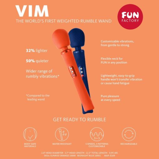 FUN FACTORY – VIM WAND RUMBLE VIBRADOR RECARGABLE SILICONA NARANJA - intimamenities.com