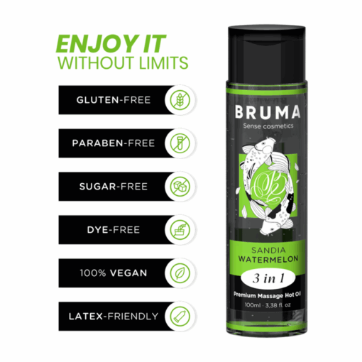BRUMA – ACEITE DE MASAJE PREMIUM EFECTO CALOR SABOR SANDÍA 3 EN 1 – 100 ML - intimamenities.com