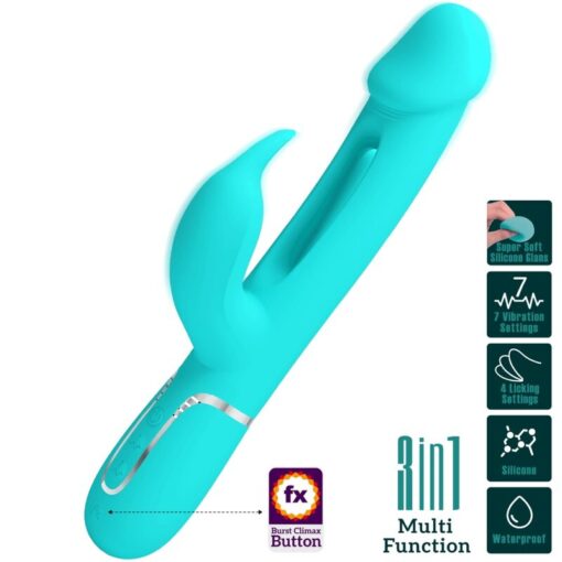 PRETTY LOVE – KAMPAS VIBRADOR RABBIT 3 EN 1 MULTIFUNCIÓN CON LENGUA VERDE AGUA - intimamenities.com