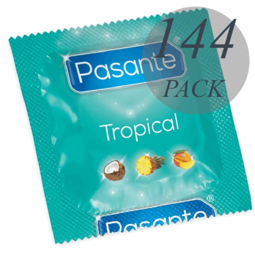 PASANTE – PRESERVATIVOS SABORES TROPICAL 144 UNIDADES - intimamenities.com